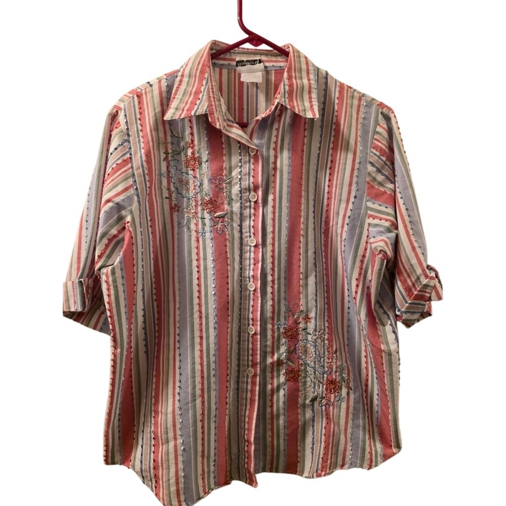 Vtg Y2K Embroidered Floral Stripped Button Up Shirt Womens MP Cottagecore Boho